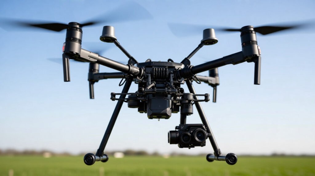 Un drone de la fonction publique en vol de mission au dessus d'un champs