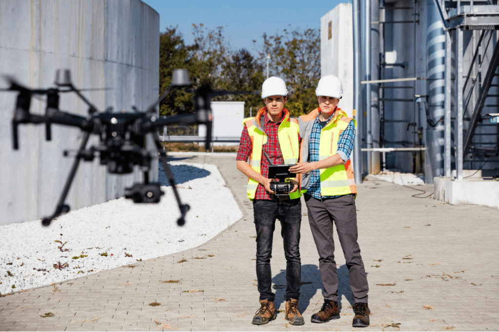 Deux élèves en formation de télépilotage de drone dans le métier de l'inspection